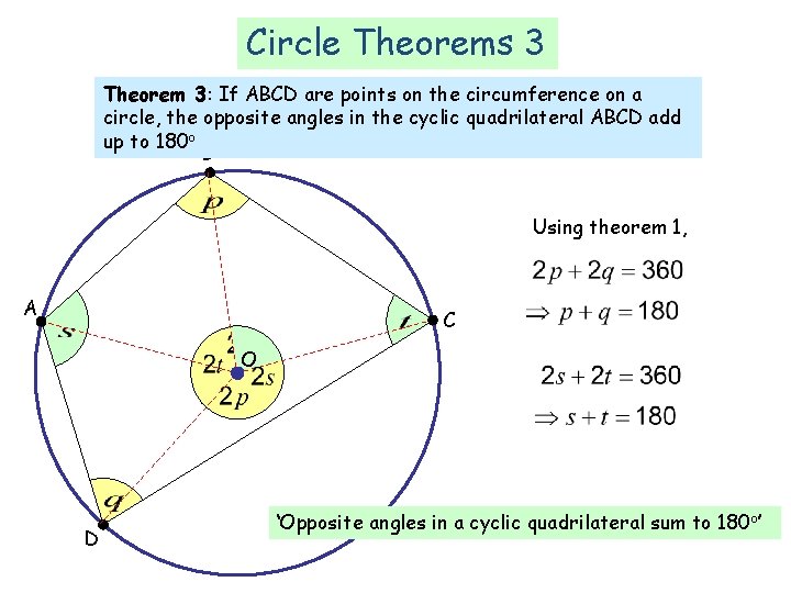Circle Theorems 3 Theorem 3: If ABCD are points on the circumference on a Circle Theorems 3 Theorem 3: If ABCD are points on the circumference on a