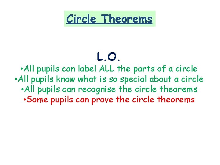 Circle Theorems L. O. • All pupils can label ALL the parts of a Circle Theorems L. O. • All pupils can label ALL the parts of a