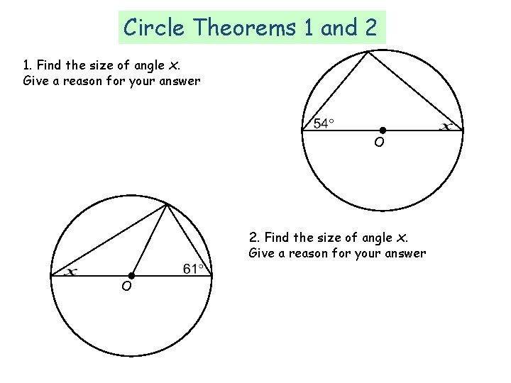 Circle Theorems 1 and 2 1. Find the size of angle x. Give a Circle Theorems 1 and 2 1. Find the size of angle x. Give a
