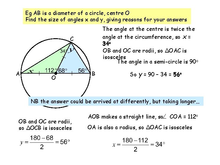 Eg AB is a diameter of a circle, centre O Find the size of Eg AB is a diameter of a circle, centre O Find the size of