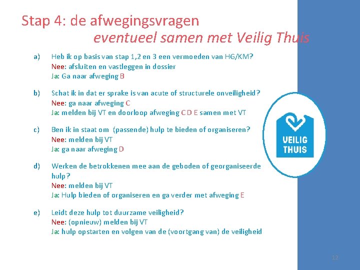 Stap 4: de afwegingsvragen eventueel samen met Veilig Thuis a) Heb ik op basis