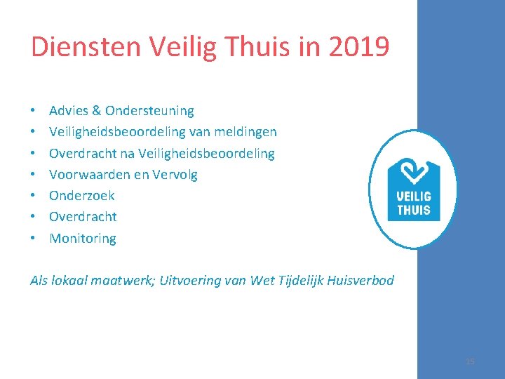 Diensten Veilig Thuis in 2019 • • Advies & Ondersteuning Veiligheidsbeoordeling van meldingen Overdracht