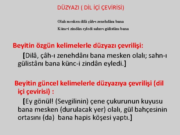 DÜZYAZI ( DİL İÇİ ÇEVİRİSİ) Olalı mesken dilâ çâh-ı zenehdânı bana Künc-i zindân eyledi