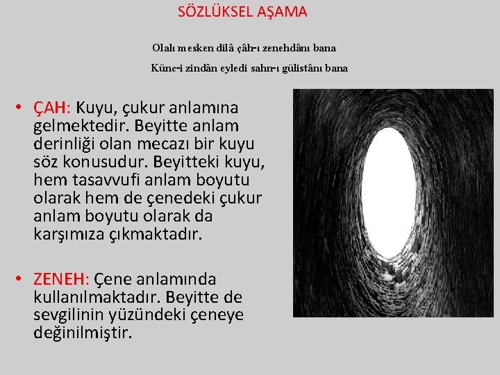 SÖZLÜKSEL AŞAMA Olalı mesken dilâ çâh-ı zenehdânı bana Künc-i zindân eyledi sahn-ı gülistânı bana