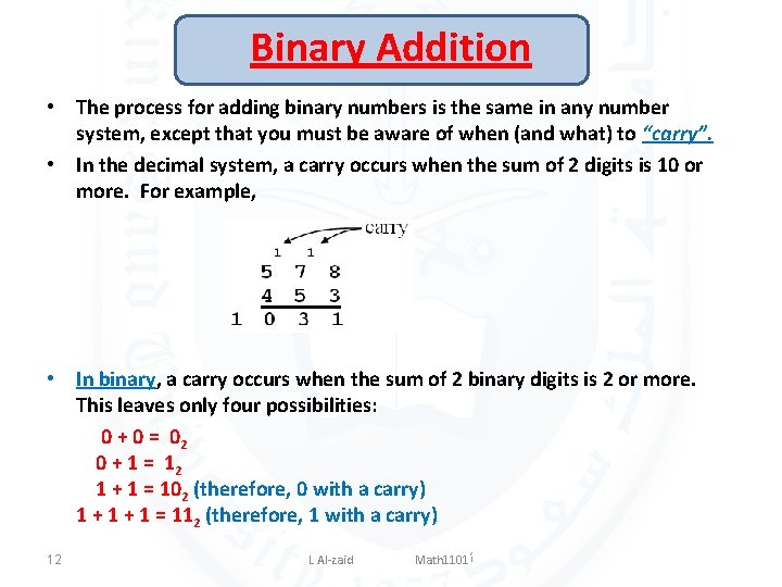 Binary Addition • The process for adding binary numbers is the same in any