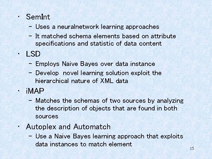  • Sem. Int – Uses a neuralnetwork learning approaches – It matched schema