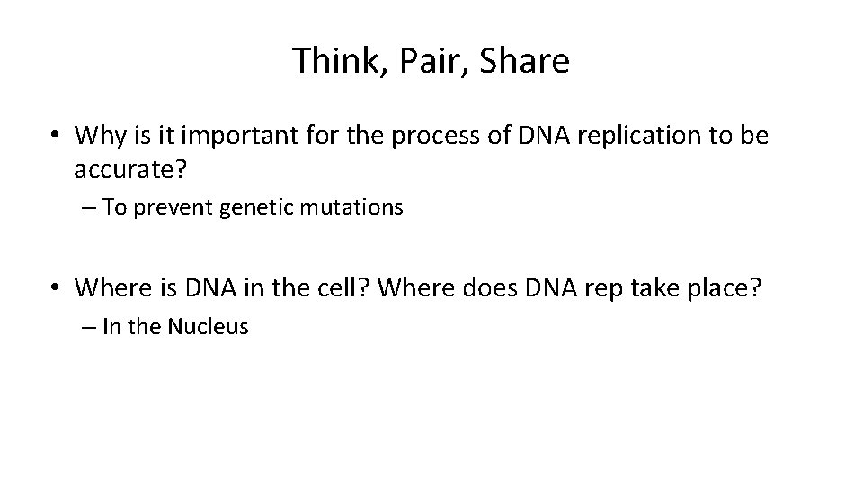 Think, Pair, Share • Why is it important for the process of DNA replication