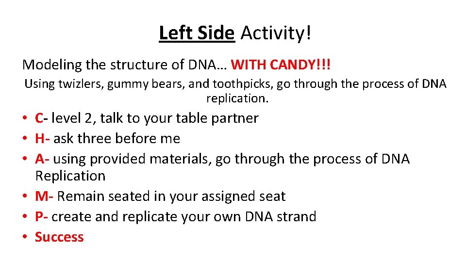 Left Side Activity! Modeling the structure of DNA… WITH CANDY!!! Using twizlers, gummy bears,