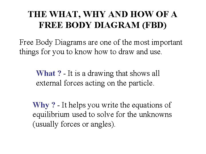 THE WHAT, WHY AND HOW OF A FREE BODY DIAGRAM (FBD) Free Body Diagrams