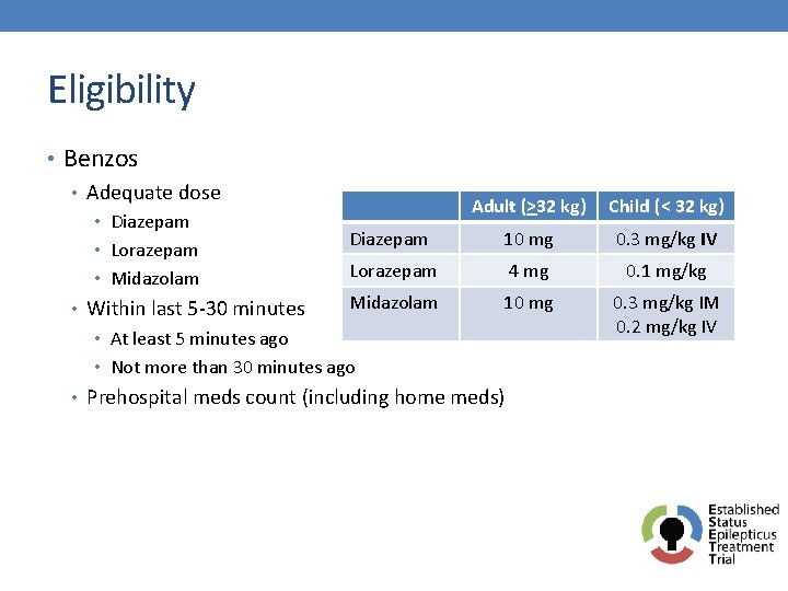 Eligibility • Benzos • Adequate dose • Diazepam • Lorazepam • Midazolam • Within