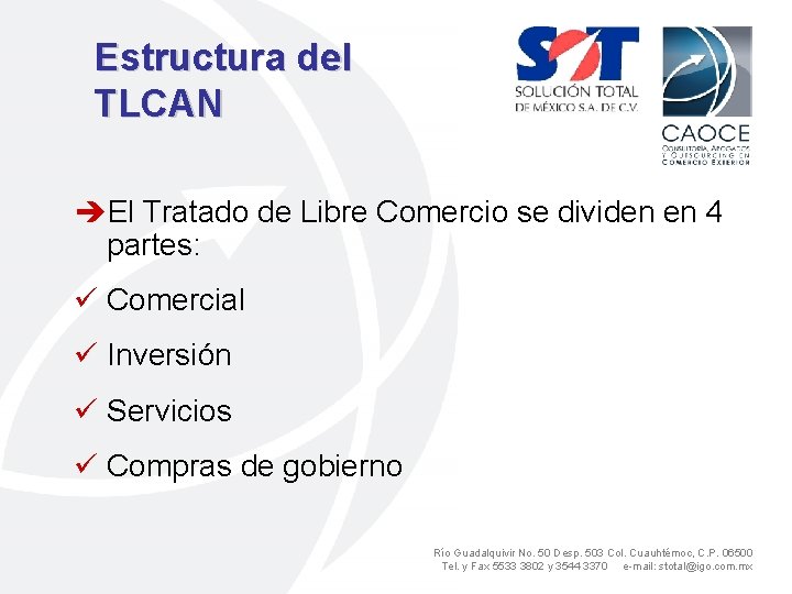 Estructura del TLCAN èEl Tratado de Libre Comercio se dividen en 4 partes: ü