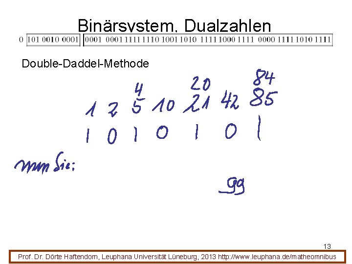 Binärsystem, Dualzahlen Double-Daddel-Methode 13 Prof. Dr. Dörte Haftendorn, Leuphana Universität Lüneburg, 2013 http: //www.
