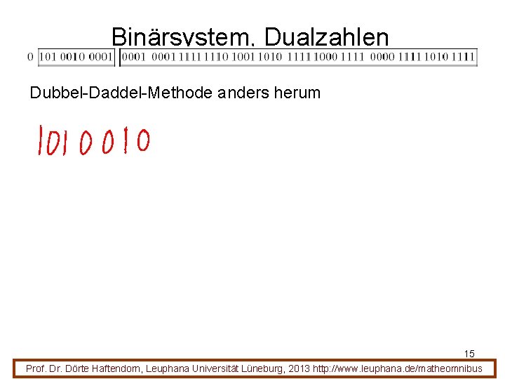 Binärsystem, Dualzahlen Dubbel-Daddel-Methode anders herum 15 Prof. Dr. Dörte Haftendorn, Leuphana Universität Lüneburg, 2013