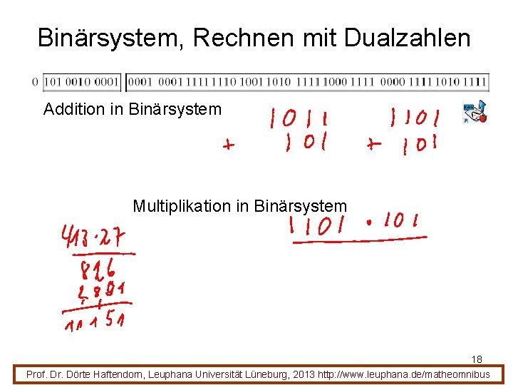 Binärsystem, Rechnen mit Dualzahlen Addition in Binärsystem Multiplikation in Binärsystem 18 Prof. Dr. Dörte