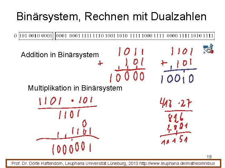 Binärsystem, Rechnen mit Dualzahlen Addition in Binärsystem Multiplikation in Binärsystem 19 Prof. Dr. Dörte