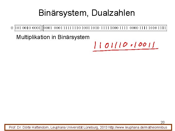 Binärsystem, Dualzahlen Multiplikation in Binärsystem 20 Prof. Dr. Dörte Haftendorn, Leuphana Universität Lüneburg, 2013