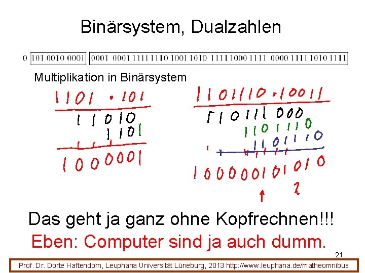 Binärsystem, Dualzahlen Multiplikation in Binärsystem Das geht ja ganz ohne Kopfrechnen!!! Eben: Computer sind