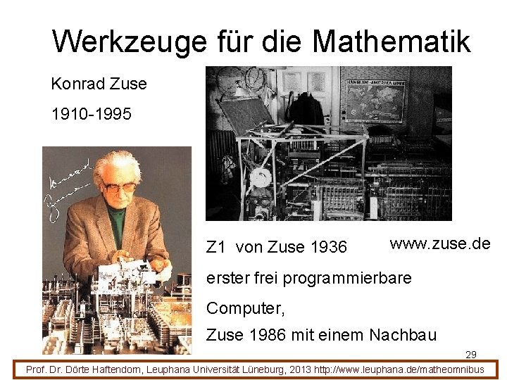 Werkzeuge für die Mathematik Konrad Zuse 1910 -1995 Z 1 von Zuse 1936 www.