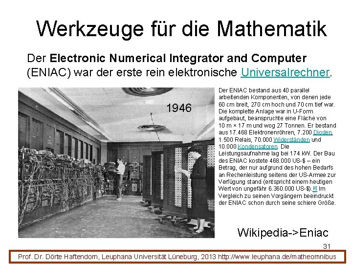 Werkzeuge für die Mathematik Der Electronic Numerical Integrator and Computer (ENIAC) war der erste