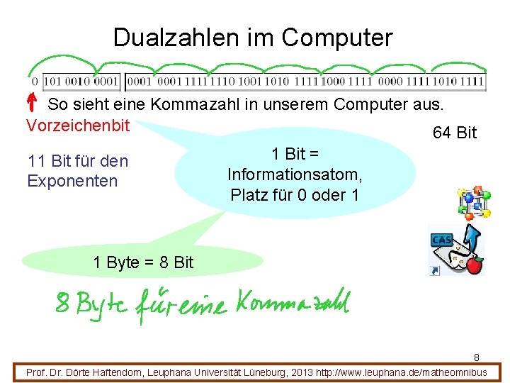Dualzahlen im Computer So sieht eine Kommazahl in unserem Computer aus. Vorzeichenbit 64 Bit