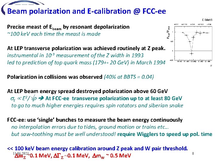 Beam polarization and E-calibration @ FCC-ee Precise meast of Ebeam by resonant depolarization ~100