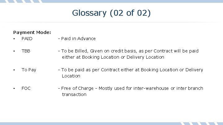 Glossary (02 of 02) Payment Mode: • PAID - Paid in Advance • TBB