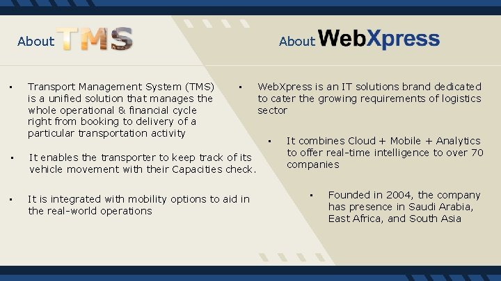 About • Transport Management System (TMS) is a unified solution that manages the whole