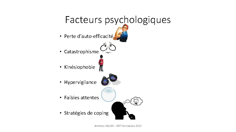 Facteurs psychologiques • Perte d’auto-efficacité • Catastrophisme • Kinésiophobie • Hypervigilance • Faibles attentes