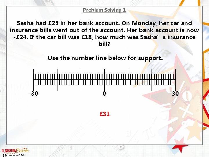 Problem Solving 1 Sasha had £ 25 in her bank account. On Monday, her