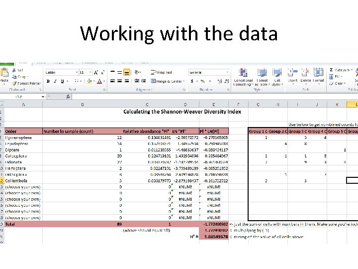 Working with the data • Shannon-Weaver diversity index – Takes counts and relative abundance