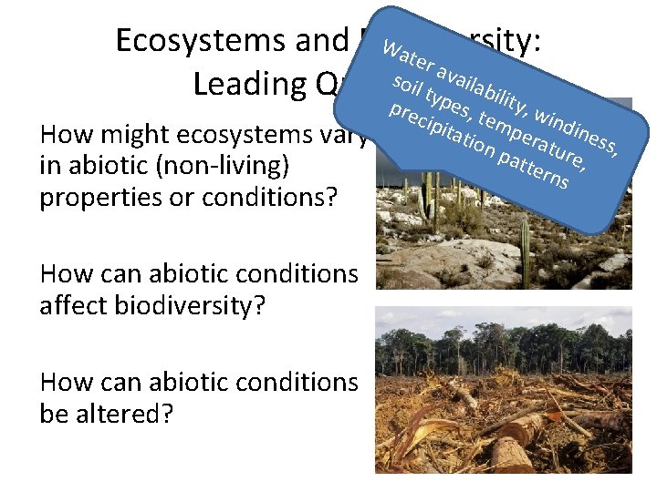 Wa Ecosystems and Biodiversity: ter ava s ilab oil t Leading Questions ility y