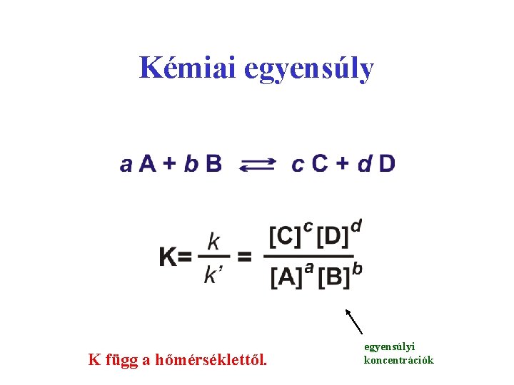 Kémiai egyensúly K függ a hőmérséklettől. egyensúlyi koncentrációk 