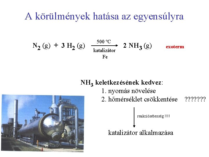 A körülmények hatása az egyensúlyra N 2 (g) + 3 H 2 (g) 500