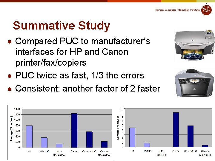 Summative Study l l l Compared PUC to manufacturer’s interfaces for HP and Canon