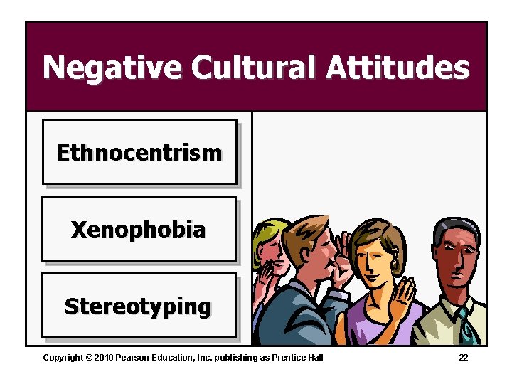 Negative Cultural Attitudes Ethnocentrism Xenophobia Stereotyping Copyright © 2010 Pearson Education, Inc. publishing as