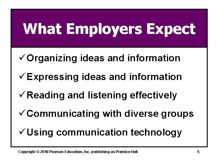 What Employers Expect ü Organizing ideas and information ü Expressing ideas and information ü