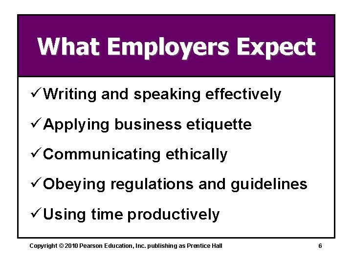 What Employers Expect ü Writing and speaking effectively ü Applying business etiquette ü Communicating
