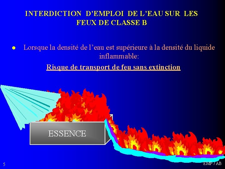 INTERDICTION D’EMPLOI DE L’EAU SUR LES FEUX DE CLASSE B l Lorsque la densité