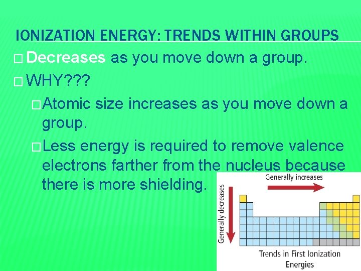 IONIZATION ENERGY: TRENDS WITHIN GROUPS � Decreases as you move down a group. �