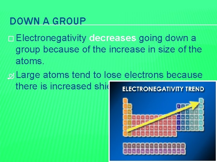 DOWN A GROUP � Electronegativity decreases going down a group because of the increase