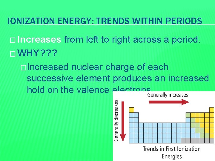 IONIZATION ENERGY: TRENDS WITHIN PERIODS � Increases from left to right across a period.