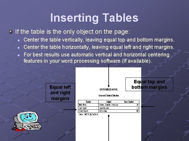 Inserting Tables If the table is the only object on the page: n n