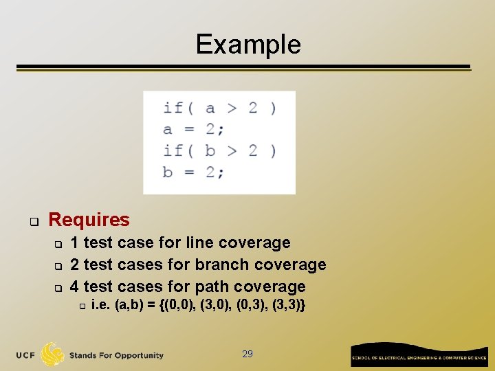 Example q Requires q q q 1 test case for line coverage 2 test