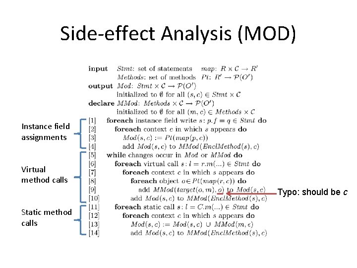 Side-effect Analysis (MOD) Instance field assignments Virtual method calls Typo: should be c Static