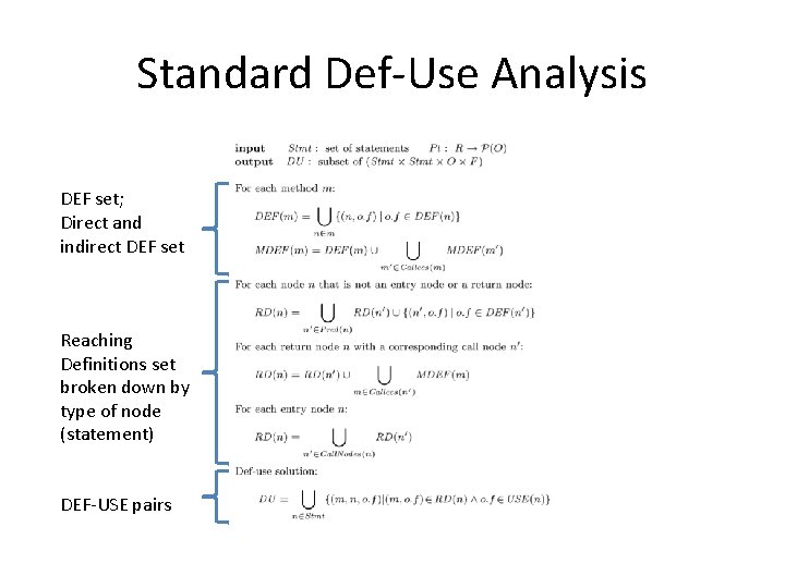 Standard Def-Use Analysis DEF set; Direct and indirect DEF set Reaching Definitions set broken