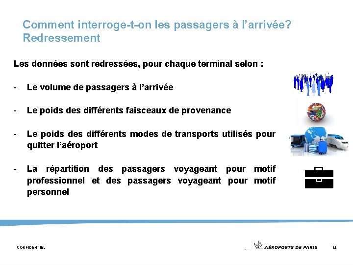 Comment interroge-t-on les passagers à l’arrivée? Redressement Les données sont redressées, pour chaque terminal