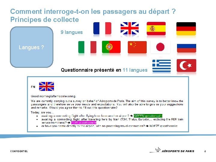 Comment interroge-t-on les passagers au départ ? Principes de collecte 9 langues Langues ?