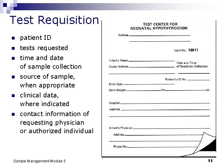 Test Requisition n patient ID n tests requested n time and date of sample