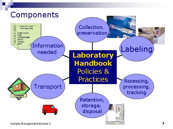Components Collection, preservation Information needed Transport Laboratory Handbook Policies & Practices Labeling Assessing, processing,