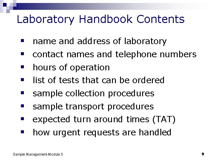 Laboratory Handbook Contents § § § § name and address of laboratory contact names